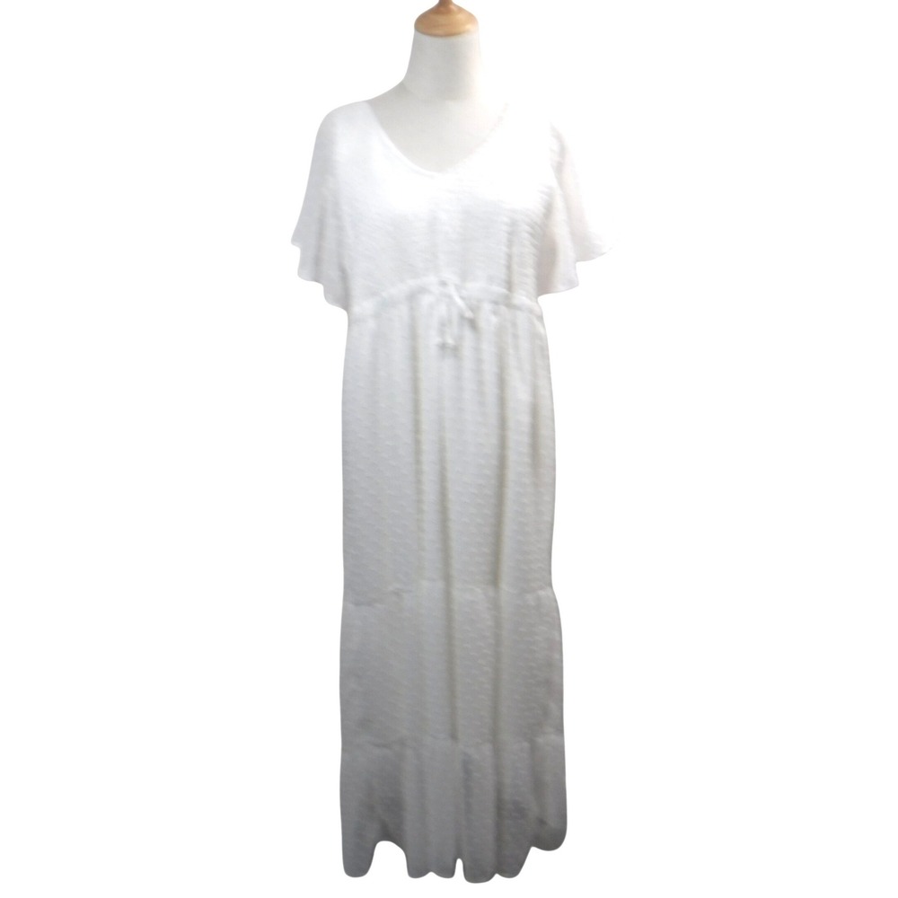 White Swiss Dot Smocked Maxi Dress Short Flutter Sleeve Tiered Size Large